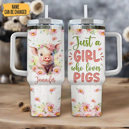 Pig Lover Tumbler 40oz – Personalized Stainless Steel Travel Cup with Handle & Straw, Insulated Coffee Mug – Cute Gift for Animal Lovers