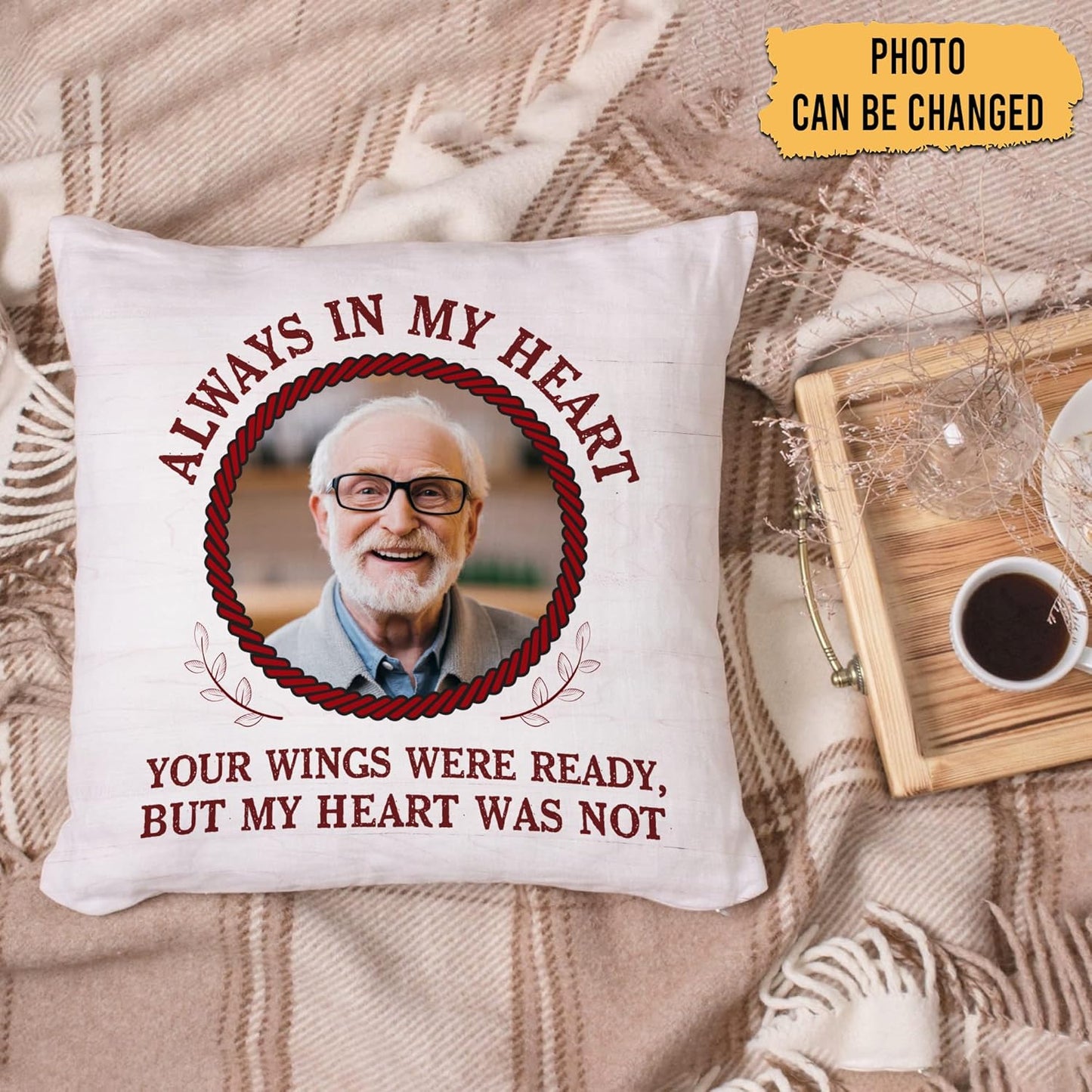 Always in My Heart Personalized Memorial Pillow with Insert – Custom Name Photo Remembrance Cushion – Healing Gift for Loved Ones
