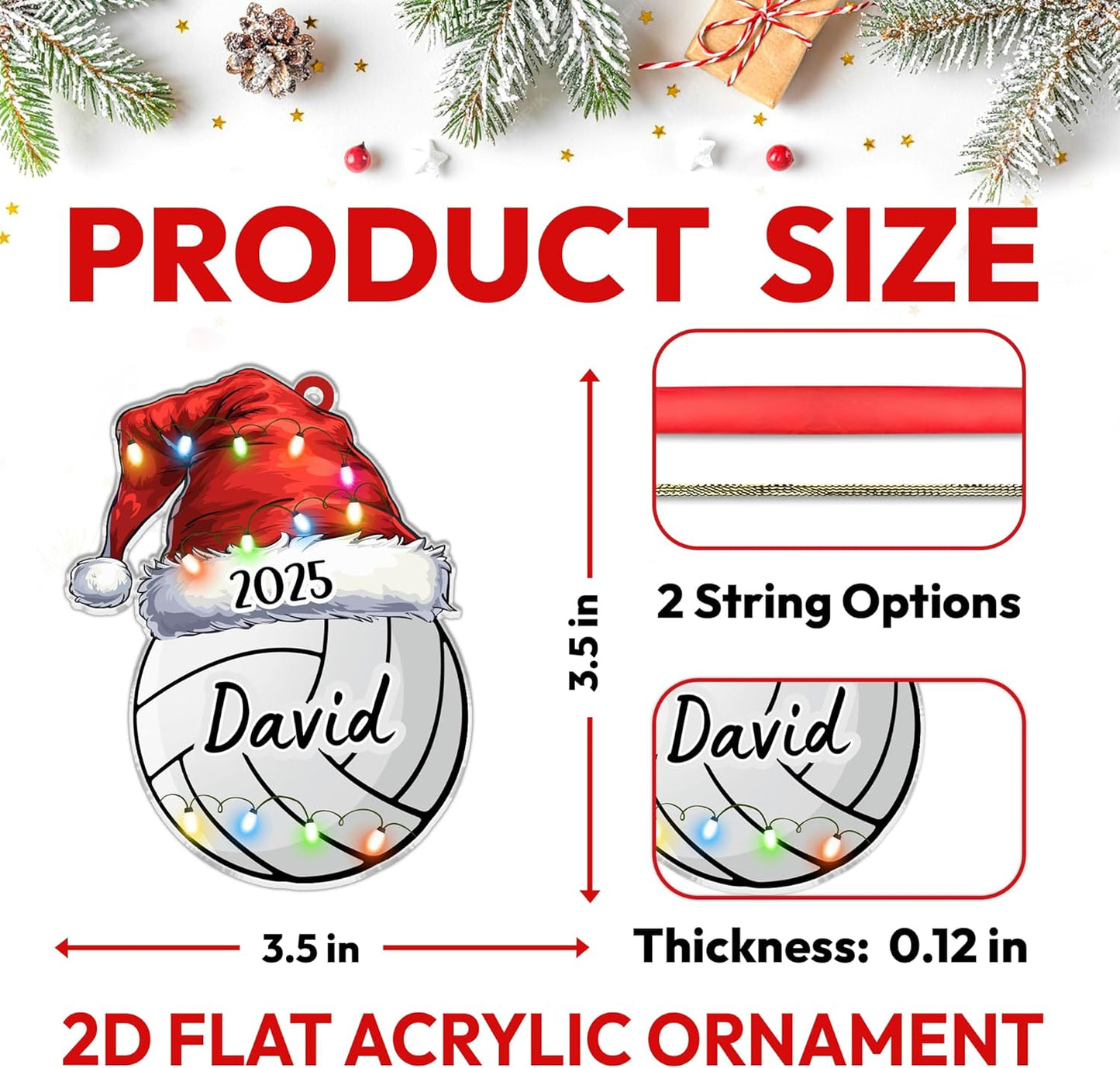 Volleyball with Santa hat cut acrylic ornament – personalized 2D flat silhouette, custom name holiday gift for volleyball player, coach or team parent