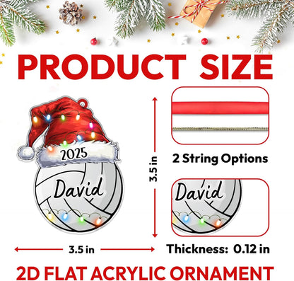 Volleyball with Santa hat cut acrylic ornament – personalized 2D flat silhouette, custom name holiday gift for volleyball player, coach or team parent
