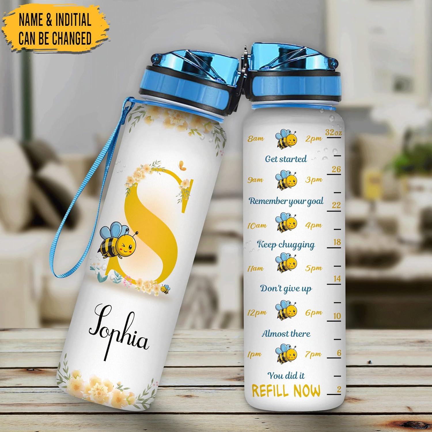 Bee Floral Pattern - Personalized Water Tracker Bottle 32oz