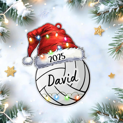 Volleyball with Santa hat cut acrylic ornament – personalized 2D flat silhouette, custom name holiday gift for volleyball player, coach or team parent