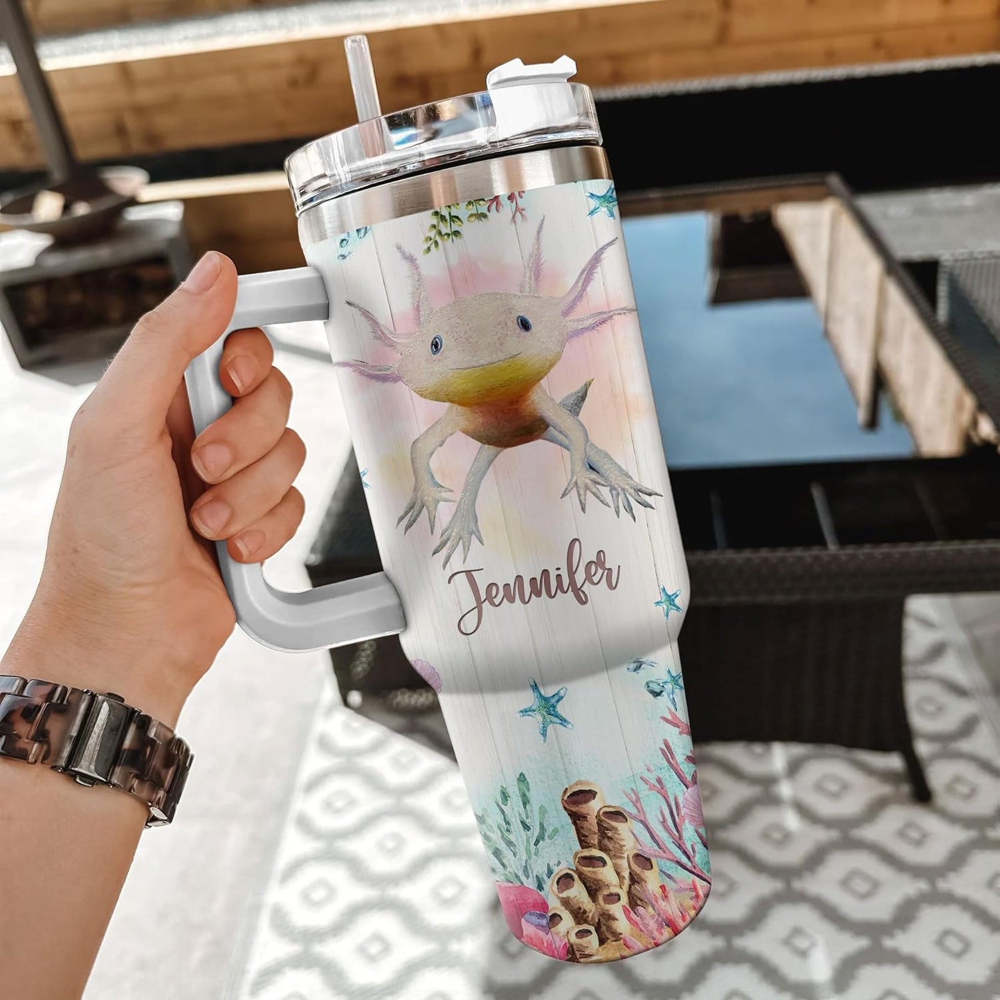 Axolotl Lover Tumbler 40oz – Personalized Stainless Steel Insulated Cup with Handle & Straw, Cute Watercolor Marine Design – Fun Gift for Women & Girls
