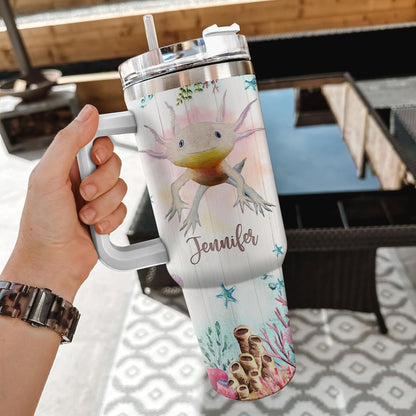 Axolotl Lover Tumbler 40oz – Personalized Stainless Steel Insulated Cup with Handle & Straw, Cute Watercolor Marine Design – Fun Gift for Women & Girls