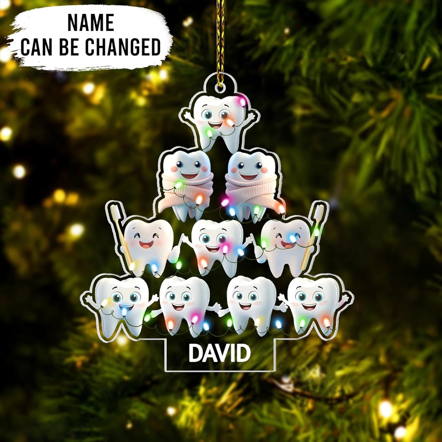 Smiling teeth Christmas tree cut acrylic ornament – personalized dental design, custom name holiday gift for dentist, hygienist, assistant or dental student
