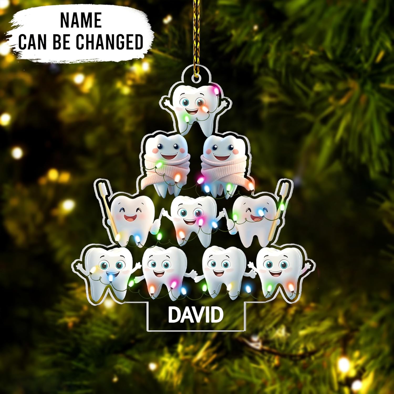 Smiling teeth Christmas tree cut acrylic ornament – personalized dental design, custom name holiday gift for dentist, hygienist, assistant or dental student