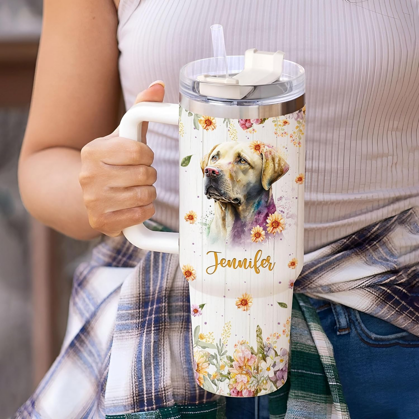 Labrador Lover Tumbler 40oz with Handle & Straw – Personalized Stainless Steel Travel Cup with Lid – Unique Gift for Dog Owners