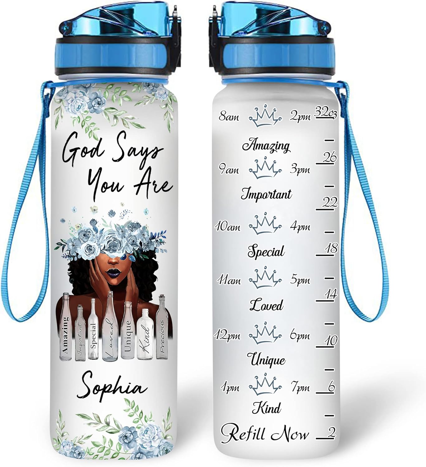 God Says You Are Water Bottle Tracker 32oz – Personalized African American Motivational Bottle with Time Marker – Inspirational Gift for Women