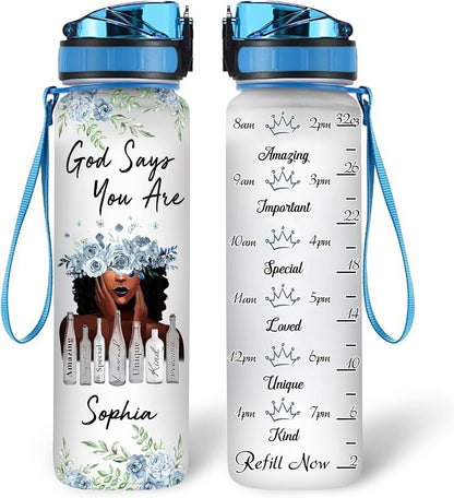God Says You Are Water Bottle Tracker 32oz – Personalized African American Motivational Bottle with Time Marker – Inspirational Gift for Women