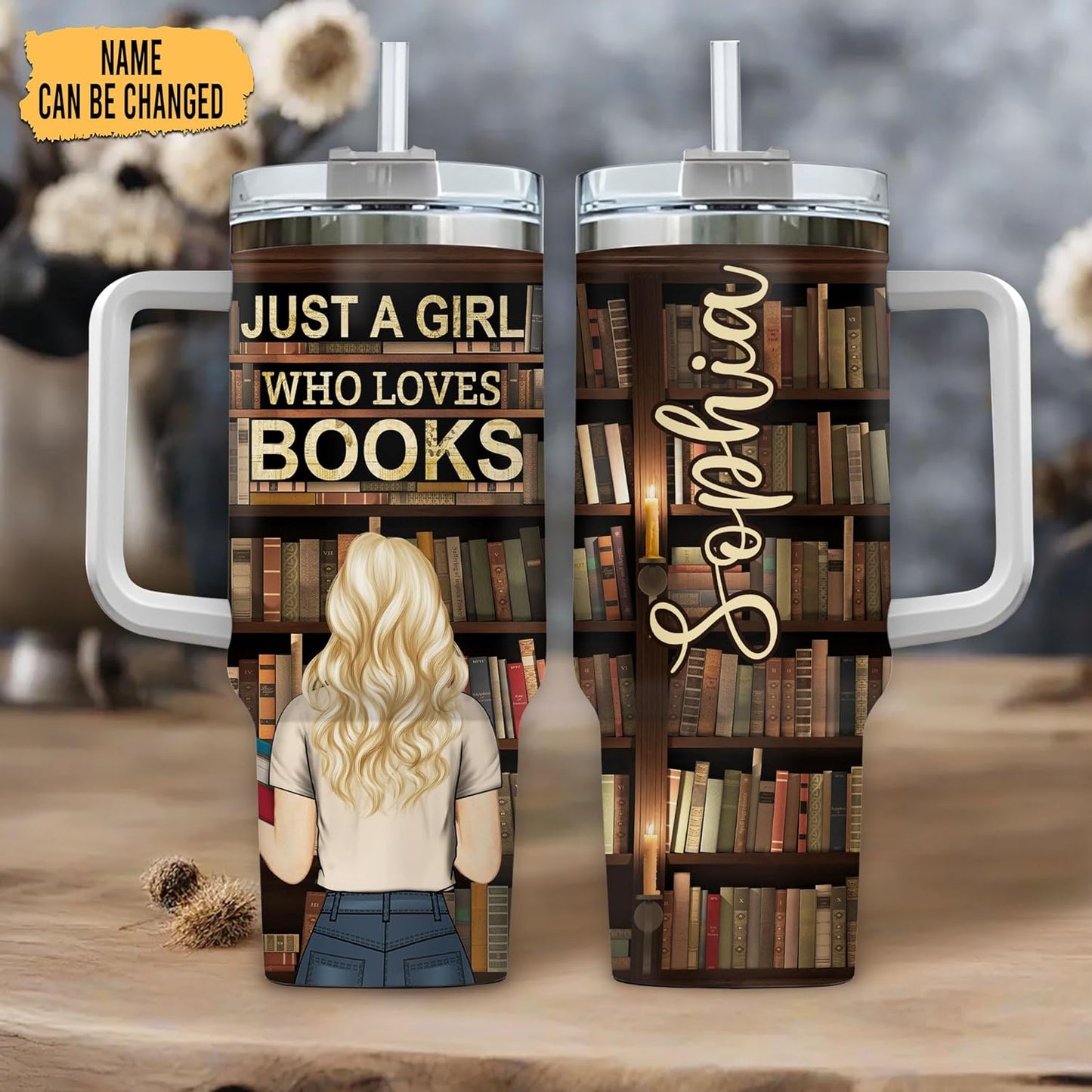 Book Lover Library Tumbler 40oz with Handle & Straw – Personalized Stainless Steel Insulated Travel Cup with Lid – Creative Gift for Readers
