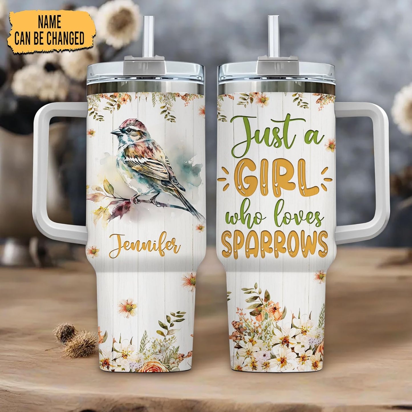 Sparrow Lover Tumbler 40oz with Handle & Straw – Personalized Stainless Steel Insulated Travel Cup – Stylish Gift for Nature Lovers