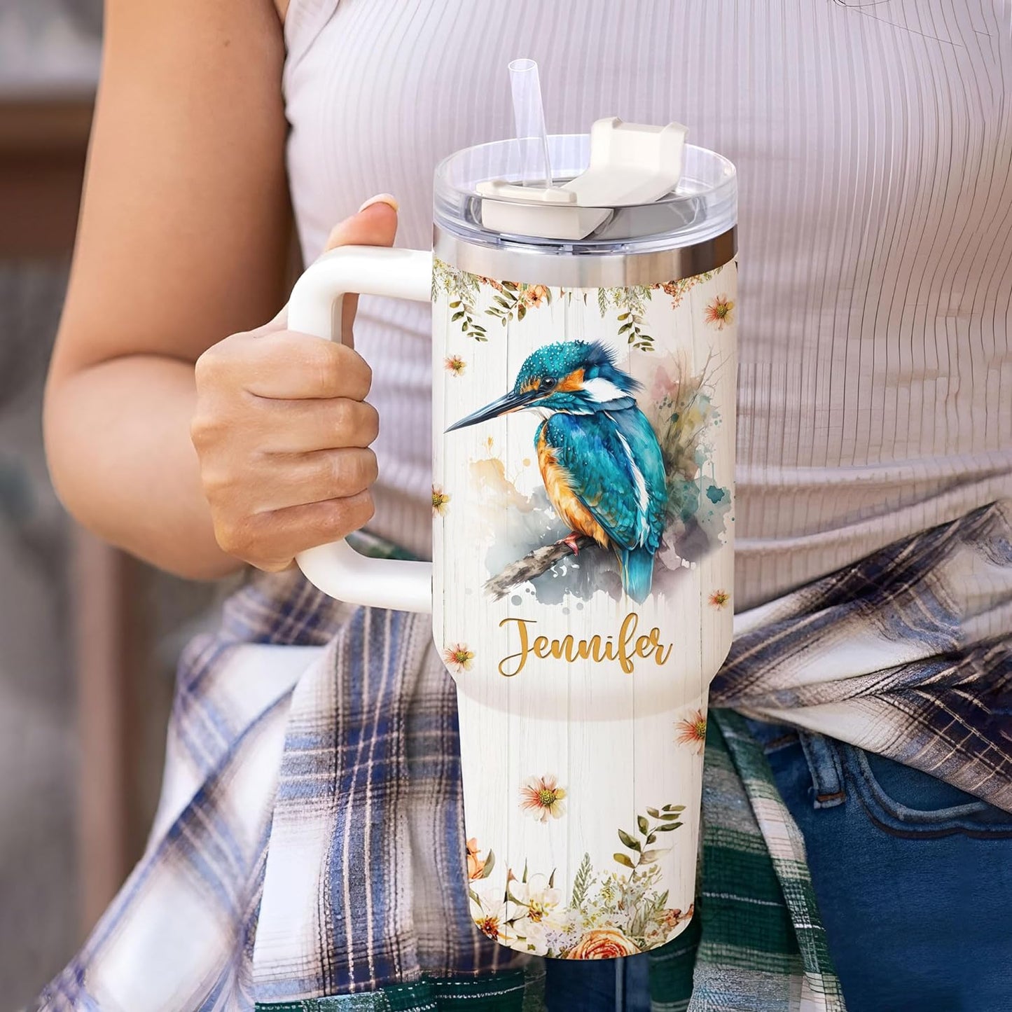 Kingfisher Tumbler 40oz – Personalized Stainless Steel Insulated Travel Cup with Handle & Straw – Artistic Bird Mug Gift for Women & Girls