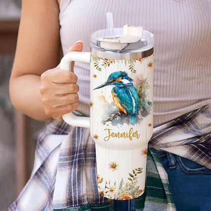 Kingfisher Tumbler 40oz – Personalized Stainless Steel Insulated Travel Cup with Handle & Straw – Artistic Bird Mug Gift for Women & Girls