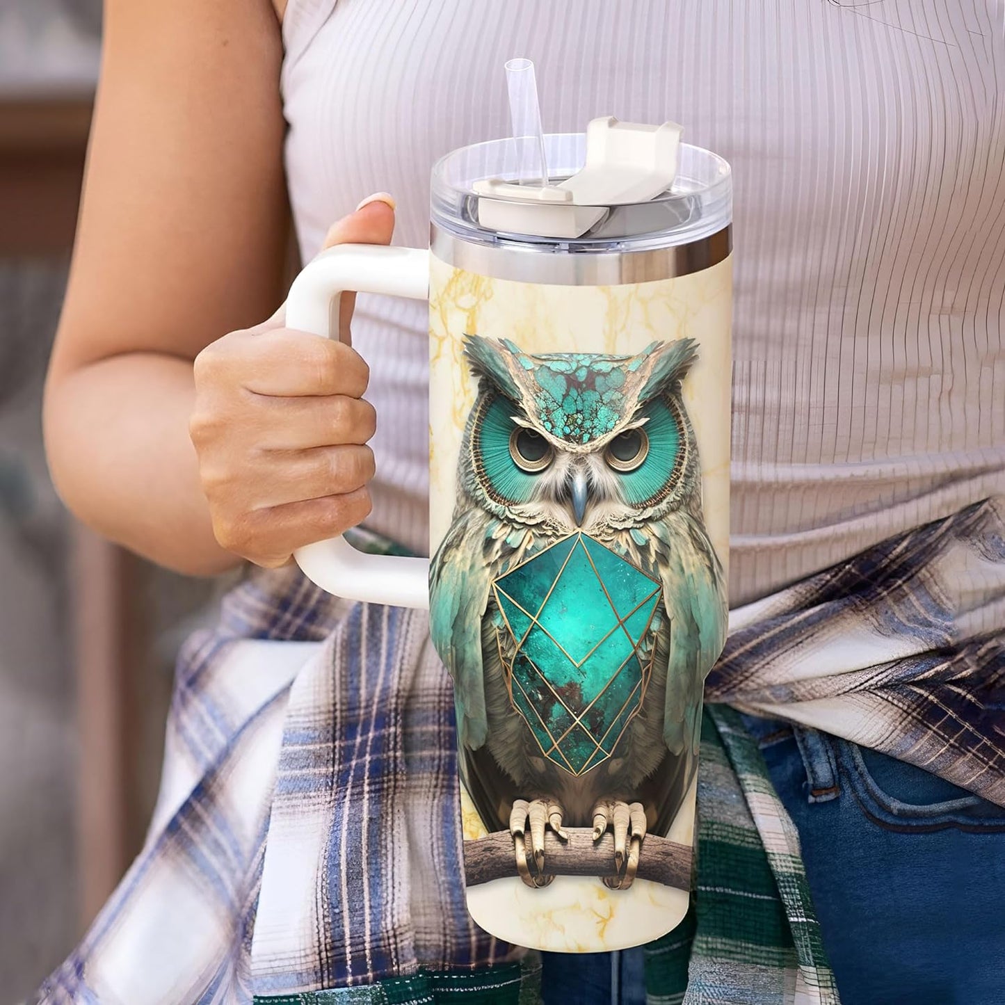 Owl & Gemstone Tumbler 40oz with Handle & Straw – Personalized Stainless Steel Insulated Travel Cup with Lid – Artistic Gift for Owl Lovers