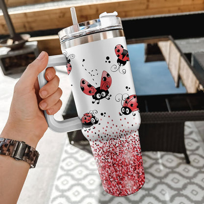 Cute Ladybug Glitter Tumbler 40oz with Handle & Straw – Personalized Stainless Steel Travel Cup with Lid – Adorable Gift for Ladybug Lovers