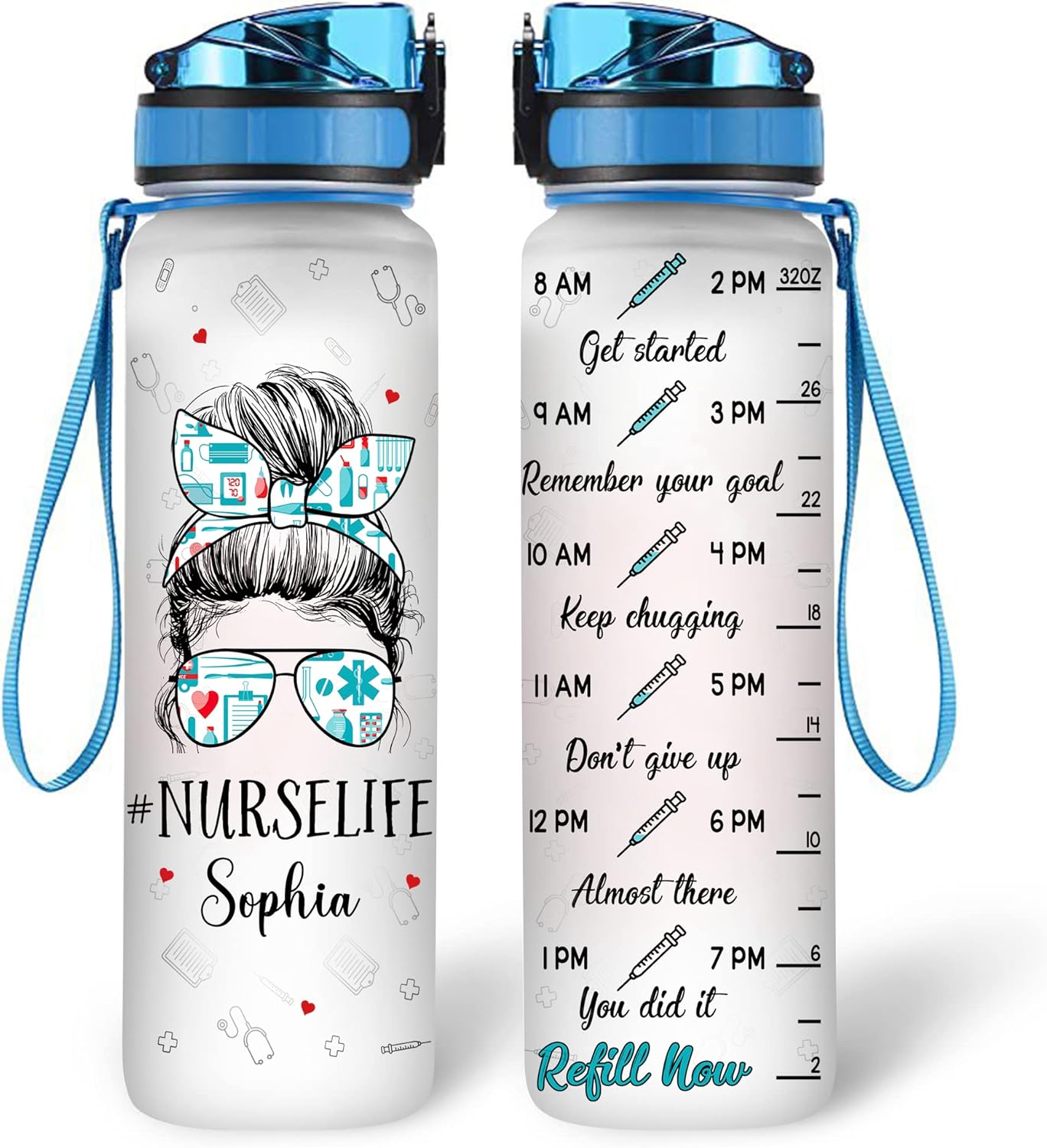 Nurse Life Woman Face - Personalized Water Tracker Bottle 32oz