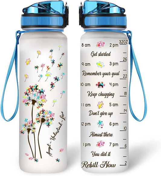 Autism Awareness Water Bottle Tracker 32oz – Personalized Hydration Bottle with Time Marker – Meaningful Gift for Supporters