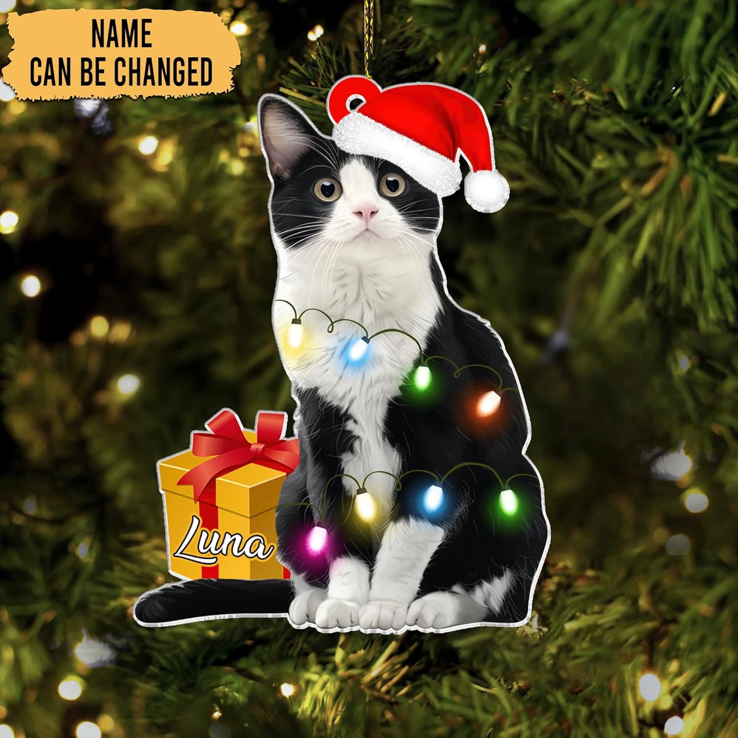 Tuxedo Cat Cut Acrylic Ornament – Personalized Christmas Gift for Cat Lover or Pet Owner