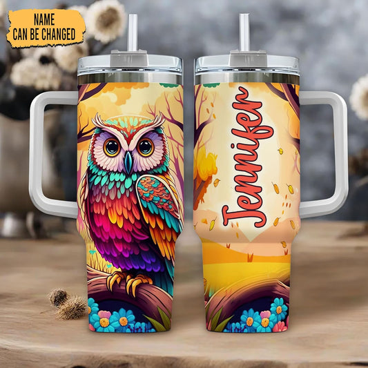 Colorful Owl Tumbler 40oz – Personalized Stainless Steel Insulated Travel Cup with Handle & Straw – Artistic Gift for Owl Lovers