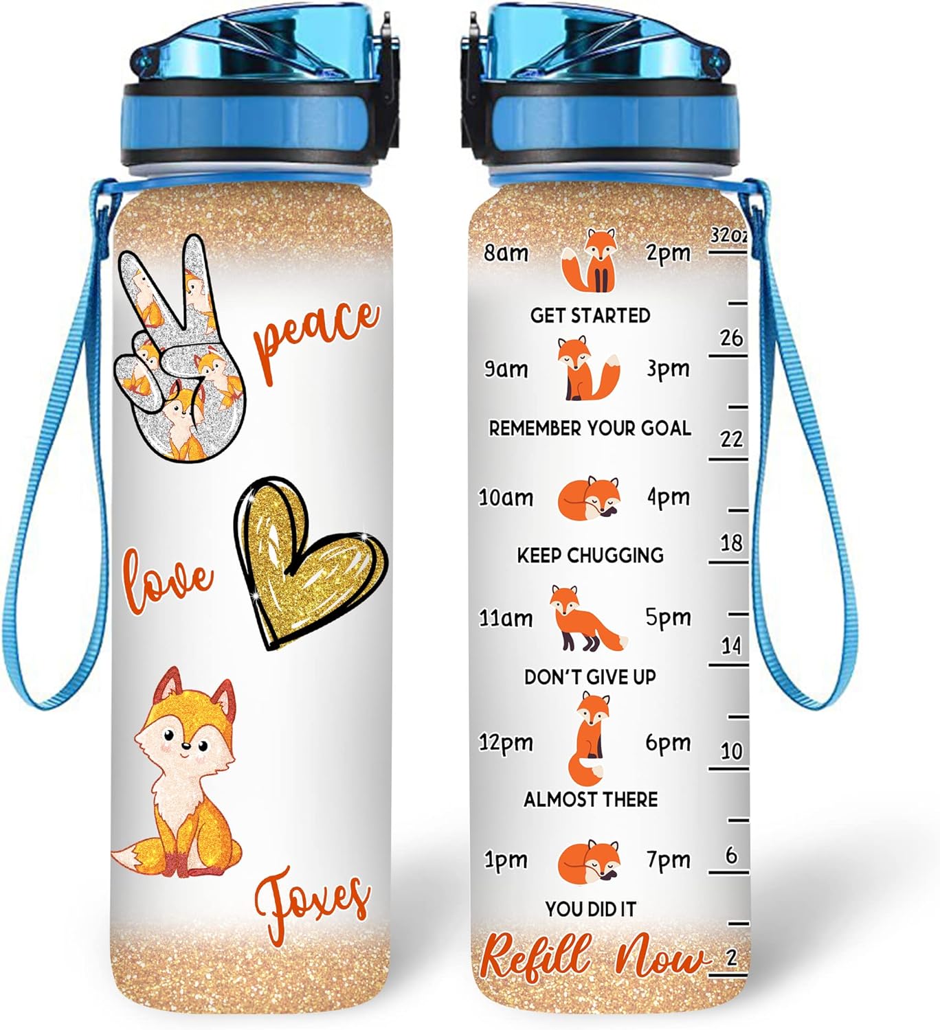 Peace Love Foxes Water Bottle Tracker 32oz – Personalized Motivational Bottle with Time Marker – Stylish Gift for Fox Lovers