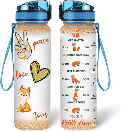 Peace Love Foxes Water Bottle Tracker 32oz – Personalized Motivational Bottle with Time Marker – Stylish Gift for Fox Lovers