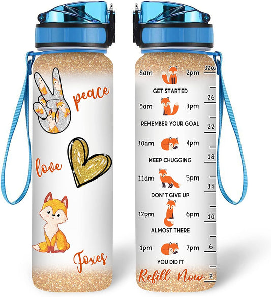 Peace Love Foxes Water Bottle Tracker 32oz – Personalized Motivational Bottle with Time Marker – Stylish Gift for Fox Lovers