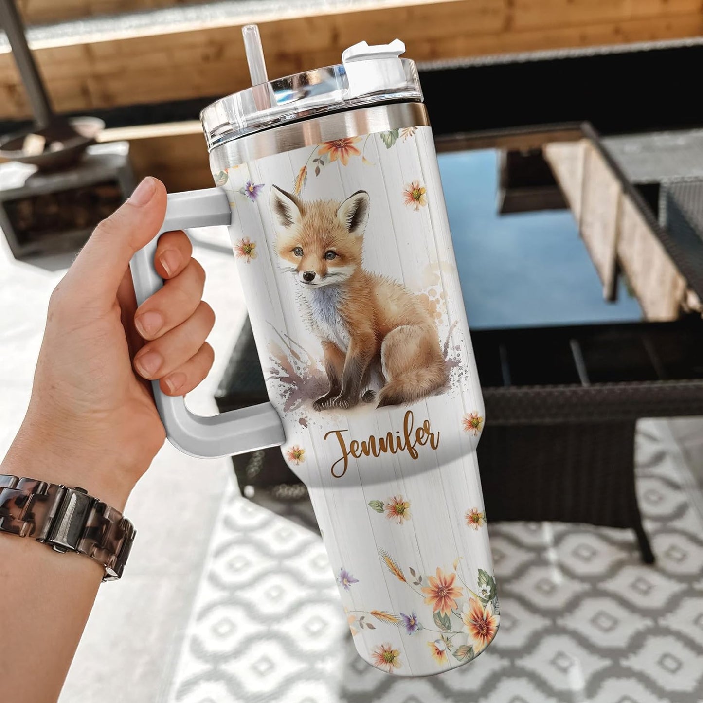Fox Woodland Tumbler 40oz – Personalized Stainless Steel Insulated Cup with Handle & Straw – Cute Gift for Fox Lovers