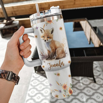 Fox Woodland Tumbler 40oz – Personalized Stainless Steel Insulated Cup with Handle & Straw – Cute Gift for Fox Lovers