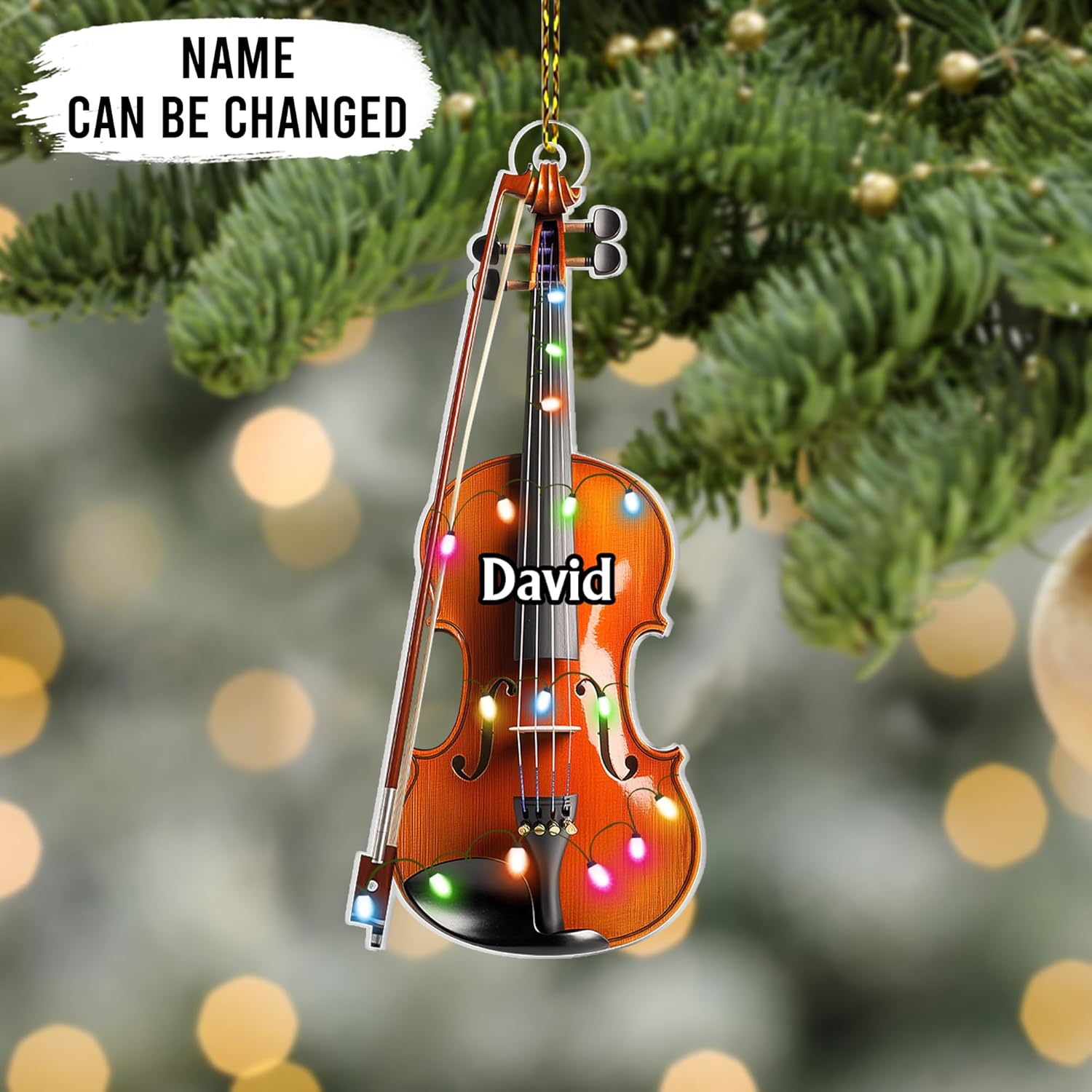 Violin Lights Cut Acrylic Ornament – Personalized 2D Flat Christmas Gift for Musician, Violinist or Teacher, Orchestra and Studio Tree Decor