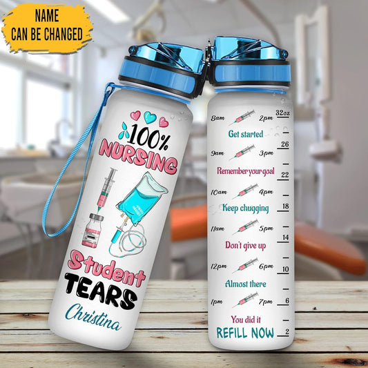 Nursing Student Tears Water Bottle Tracker 32oz – Personalized Daily Bottle with Time Marker – Funny Gift for Nurses and Students