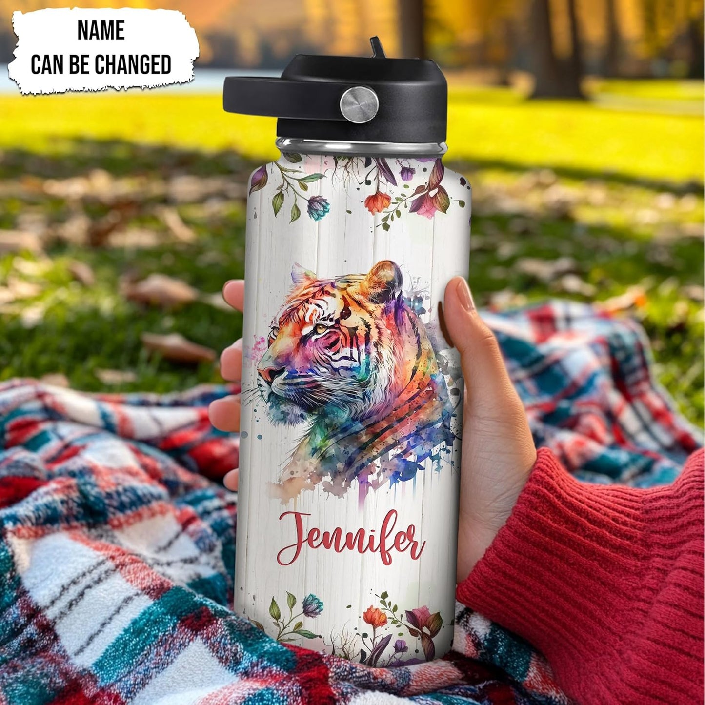 Personalized Tiger Water Bottle with Name - Insulated Stainless Steel Bottle 18oz 32oz with Leak-Proof Lid - Bold Gift for Tiger Lovers, Women & Girls