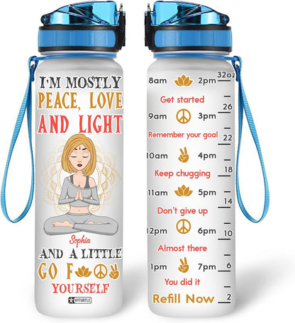 Peace Love Light Yoga Water Bottle Tracker 32oz – Personalized Motivational Hydration Bottle – Mindful Gift for Yoga Lovers