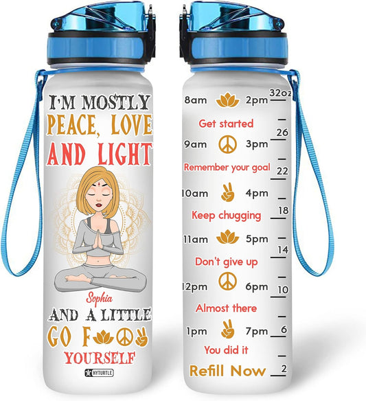 Peace Love Light Yoga Water Bottle Tracker 32oz – Personalized Motivational Hydration Bottle – Mindful Gift for Yoga Lovers