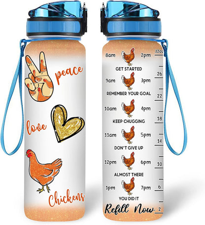 Peace Love Chicken Water Bottle Tracker 32oz – Personalized Hydration Bottle with Time Marker – Unique Gift for Farm Animal Lovers