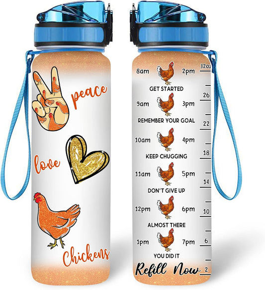 Peace Love Chicken Water Bottle Tracker 32oz – Personalized Hydration Bottle with Time Marker – Unique Gift for Farm Animal Lovers