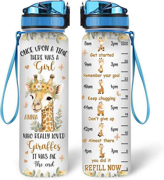 Girl Loves Giraffe Water Bottle Tracker 32oz – Personalized Motivational Hydration Bottle with Time Marker – Unique Gift for Giraffe Lovers