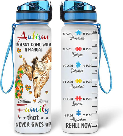 Autism Awareness Giraffe Water Bottle Tracker 32oz – Personalized Hydration Bottle with Time Marker – Inspirational Gift