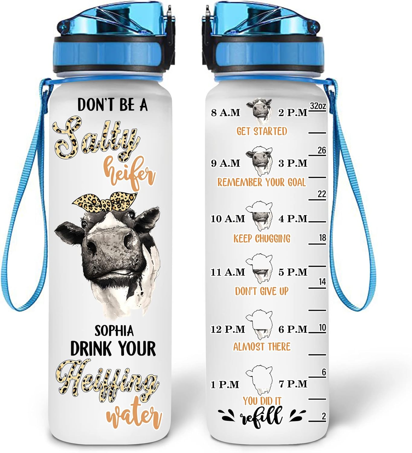 Cow Lover Water Bottle Tracker 32oz Personalized – Funny Motivational Daily Bottle with Time Marker – Farm Style Gift for Women