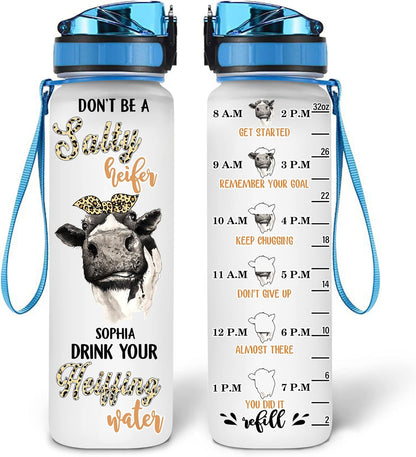 Cow Lover Water Bottle Tracker 32oz Personalized – Funny Motivational Daily Bottle with Time Marker – Farm Style Gift for Women