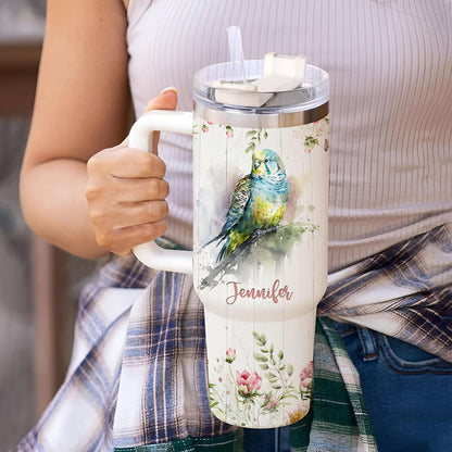 Budgie Tumbler 40oz – Personalized Stainless Steel Insulated Cup with Handle & Straw – Cute Parakeet Travel Mug Gift for Bird Lovers