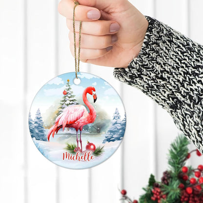 Flamingo Winter Scene Ceramic Circle Ornament – Personalized Christmas Gift for Flamingo Lover, Tropical-Chic Tree Decor Keepsake for Her