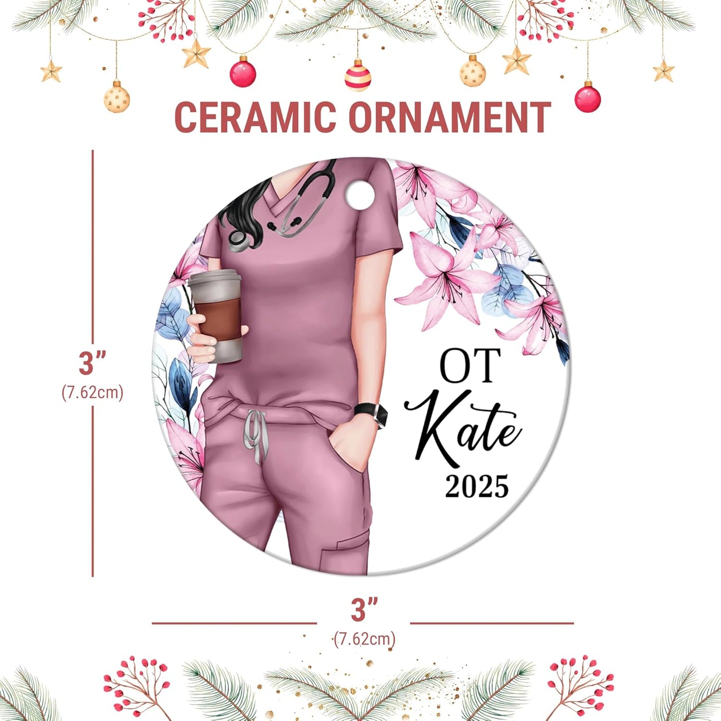 Occupational Therapist Scrubs Floral Ceramic Circle Ornament – Personalized Christmas Gift for OT or OTA, Therapy Team Appreciation Keepsake