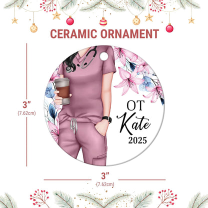 Occupational Therapist Scrubs Floral Ceramic Circle Ornament – Personalized Christmas Gift for OT or OTA, Therapy Team Appreciation Keepsake