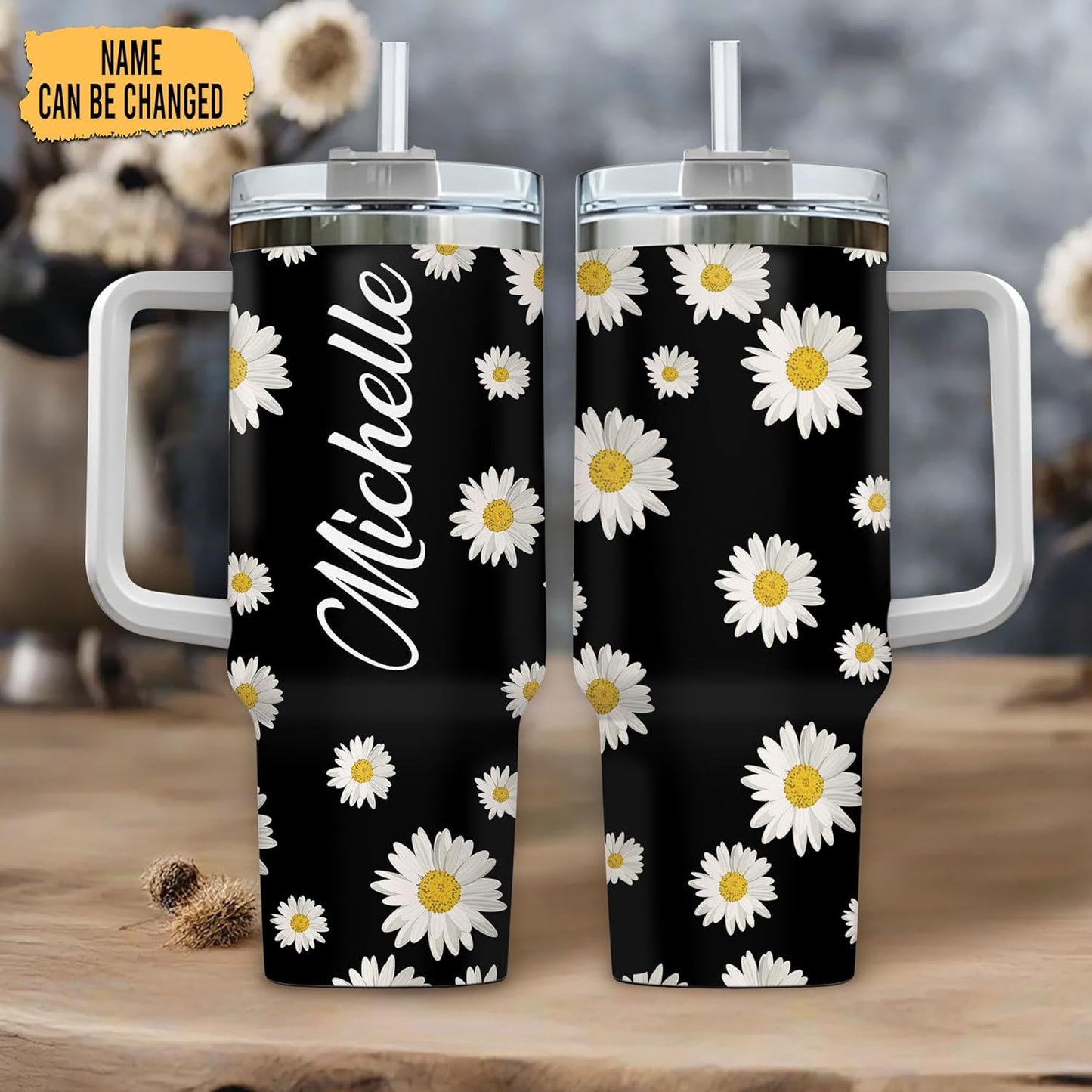 Daisy Flower Tumbler 40oz with Handle & Straw – Personalized Stainless Steel Insulated Travel Cup with Lid – Stylish Floral Gift for Women & Mom