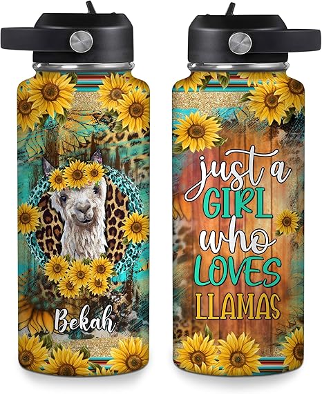 Sunflower Western Llama “Just a Girl Who Loves Llamas” Water Bottle 32oz – Personalized Stainless Steel Insulated Bottle with Leak-Proof Lid – Creative Gift for Llama Lovers