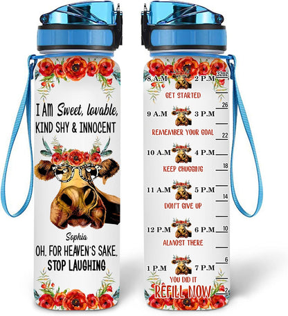 Funny Cow Water Bottle Tracker 32oz – Personalized Hydration Bottle with Time Marker – Creative Gift for Cow Lovers