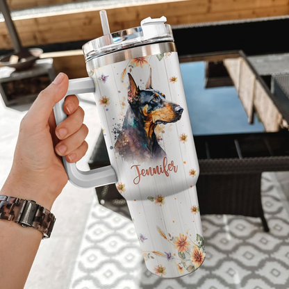 Doberman Lover Tumbler 40oz with Handle & Straw – Personalized Stainless Steel Travel Cup with Lid – Stylish Gift for Dog Enthusiasts