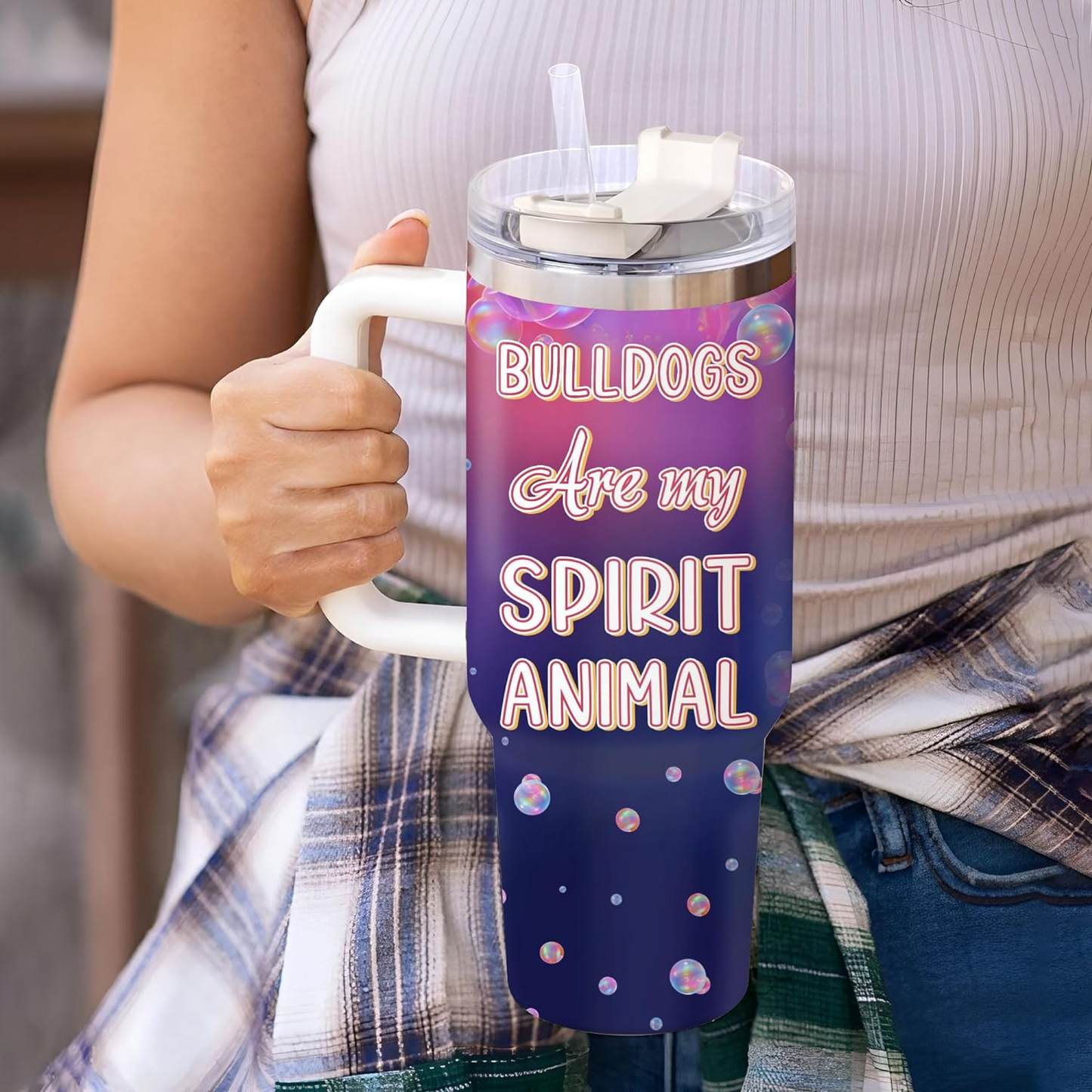 Bulldog Spirit Animal Tumbler 40oz – Personalized Stainless Steel Travel Cup with Handle & Straw – Fun Gift for Dog Moms & Pet Lovers