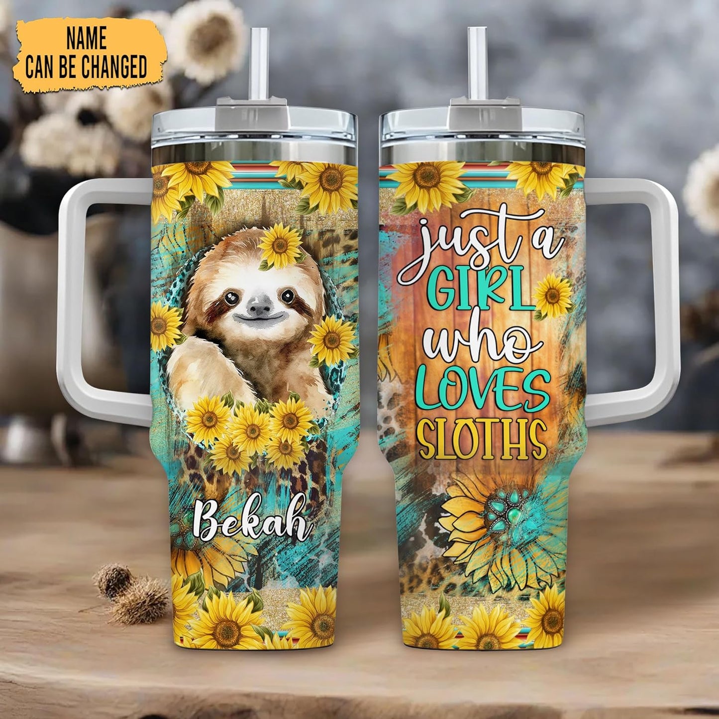 Sunflower Sloth Tumbler 40oz with Handle & Straw – Personalized Stainless Steel Insulated Travel Cup with Lid – Cute Gift for Sloth Lovers