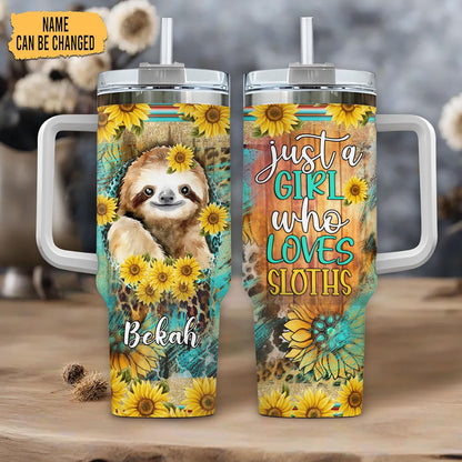 Sunflower Sloth Tumbler 40oz with Handle & Straw – Personalized Stainless Steel Insulated Travel Cup with Lid – Cute Gift for Sloth Lovers